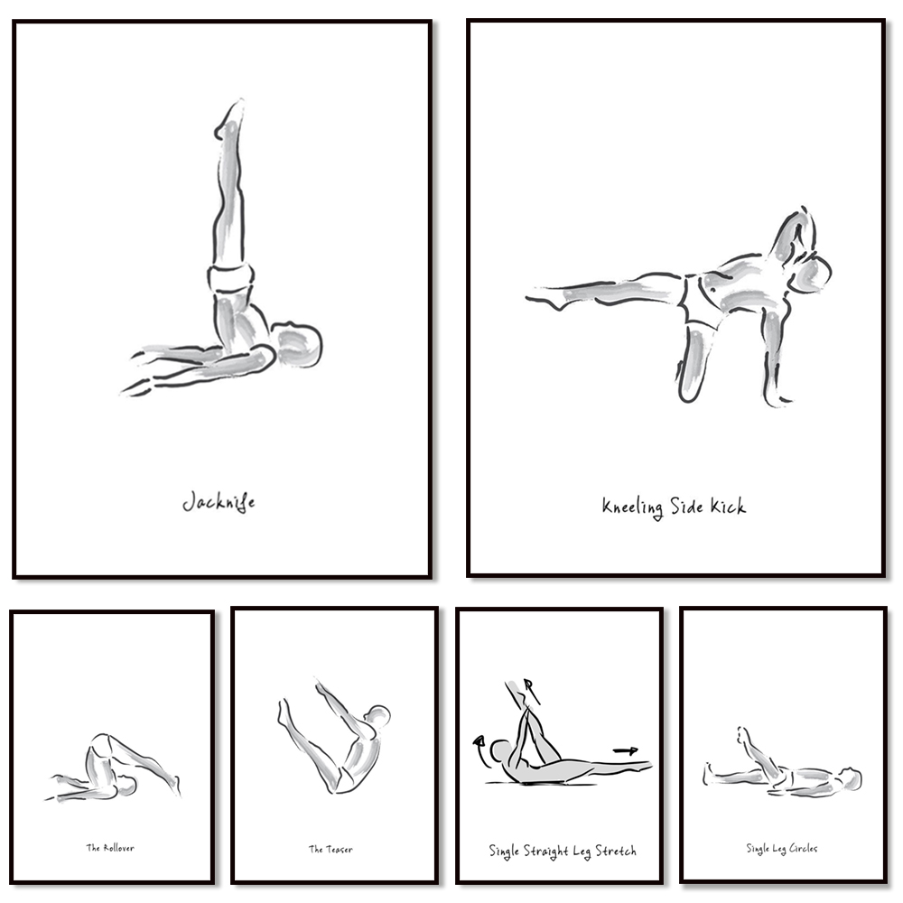 Pilates Yoga Combined - ピラティスエクササイズの白黒インフォグラフィック、ジョセフ・ピラティスのポスター、ヨガウォールアートキャンバスポスター、フィットネスポスター、ピラティスギフト